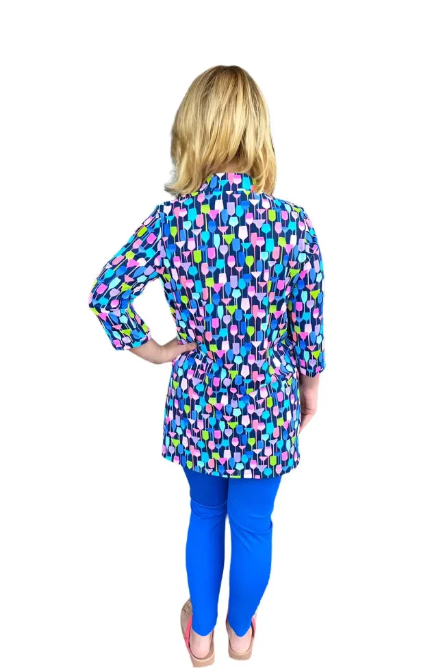 001- LuLu B Navy with Wine Glasses 3 Button Top