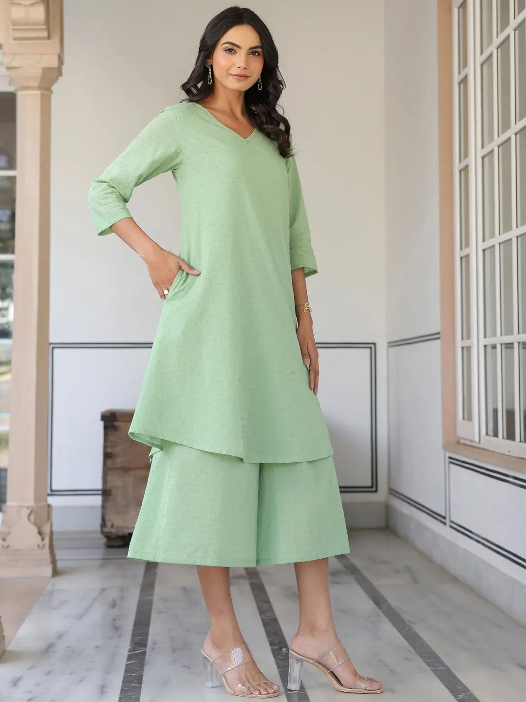 Green Dobby Pure Cotton Self Design A-line Kurta With Cullote Pant Set