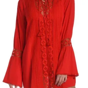 La Blanca Coastal Long Sleeve Cover-Up Tunic Dress in Cherry