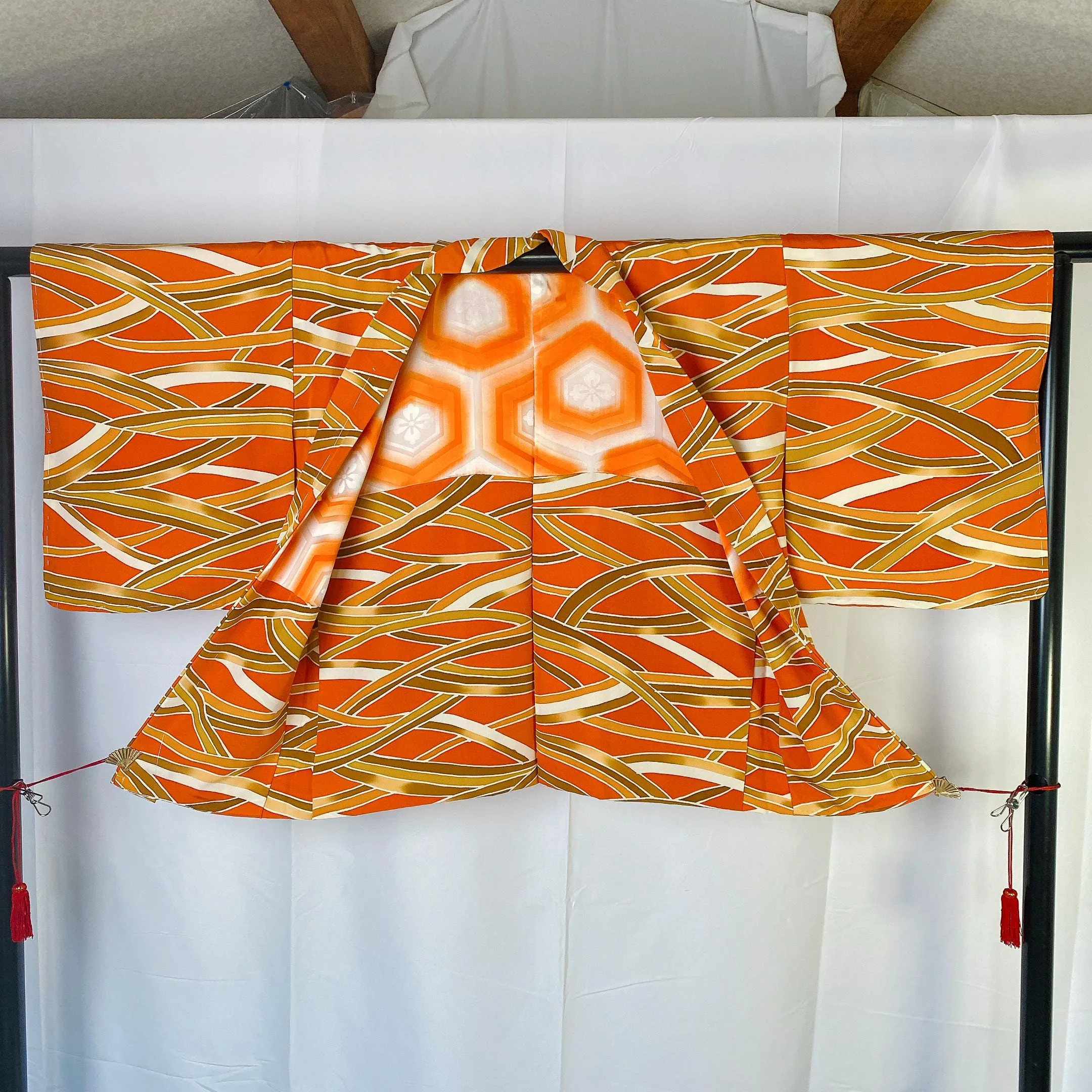 Orange Haori, Japanese Kimono, Wave Pattern, Geometric, Women's Jacket, Cardigan, Casual Layer, Versatile top, Housewear, Chic-J