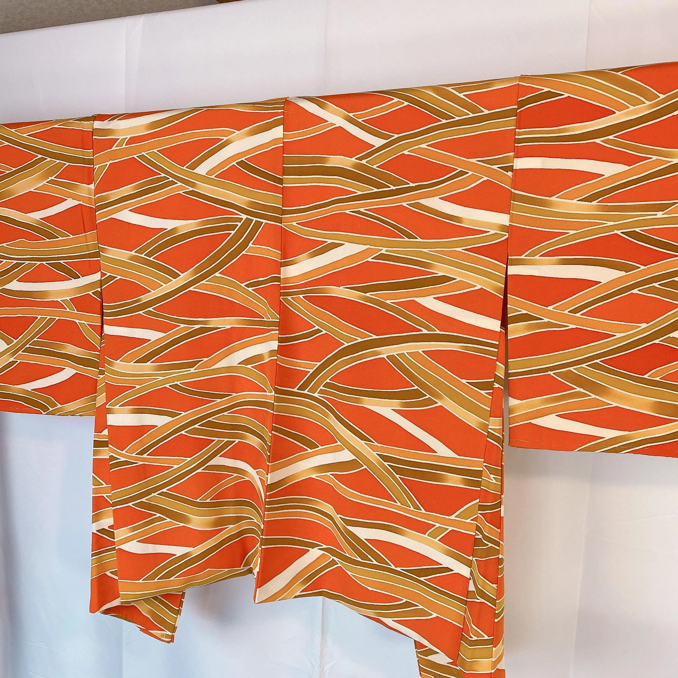 Orange Haori, Japanese Kimono, Wave Pattern, Geometric, Women's Jacket, Cardigan, Casual Layer, Versatile top, Housewear, Chic-J