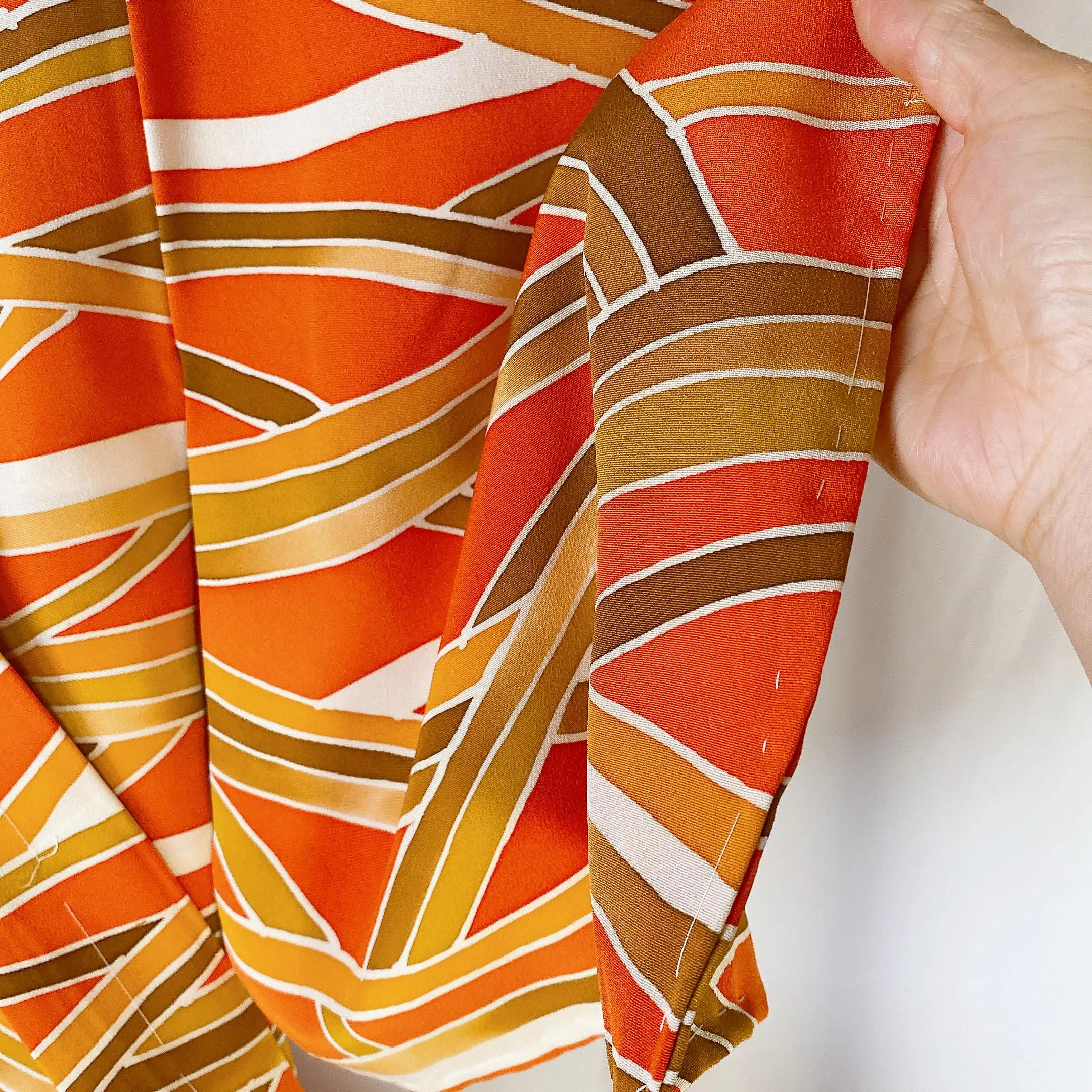 Orange Haori, Japanese Kimono, Wave Pattern, Geometric, Women's Jacket, Cardigan, Casual Layer, Versatile top, Housewear, Chic-J