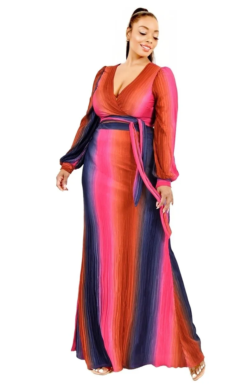 Plus Long Sleeve Tie Waist Top And Maxi Skirt Set