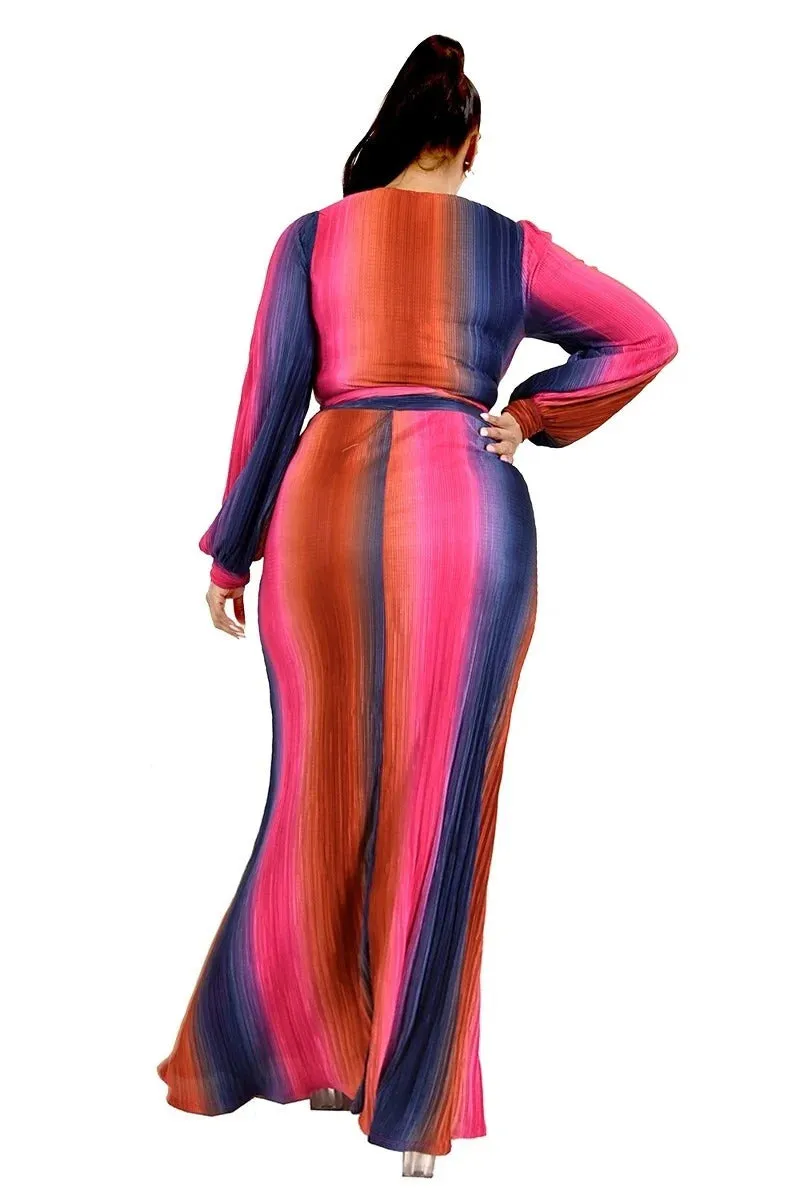 Plus Long Sleeve Tie Waist Top And Maxi Skirt Set