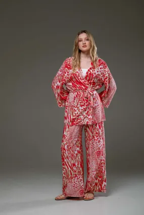 Red Tiger Kimono & Wide Legs Pants Set