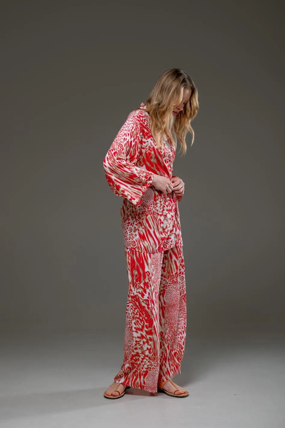 Red Tiger Kimono & Wide Legs Pants Set