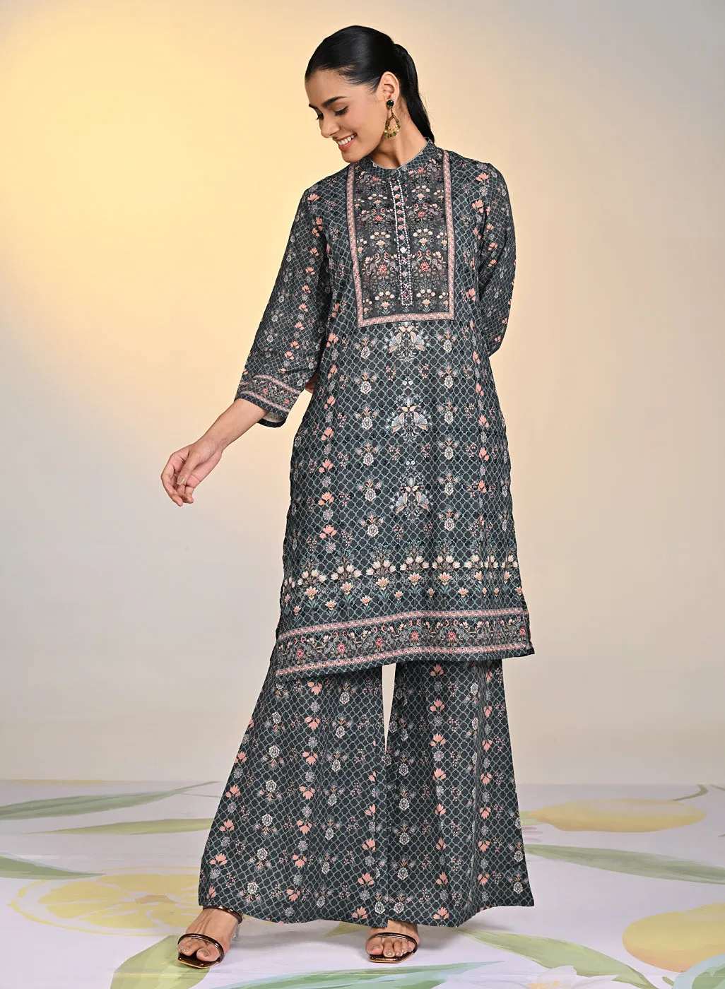 Sehra Black Printed Schiffli Tunic Set For Women