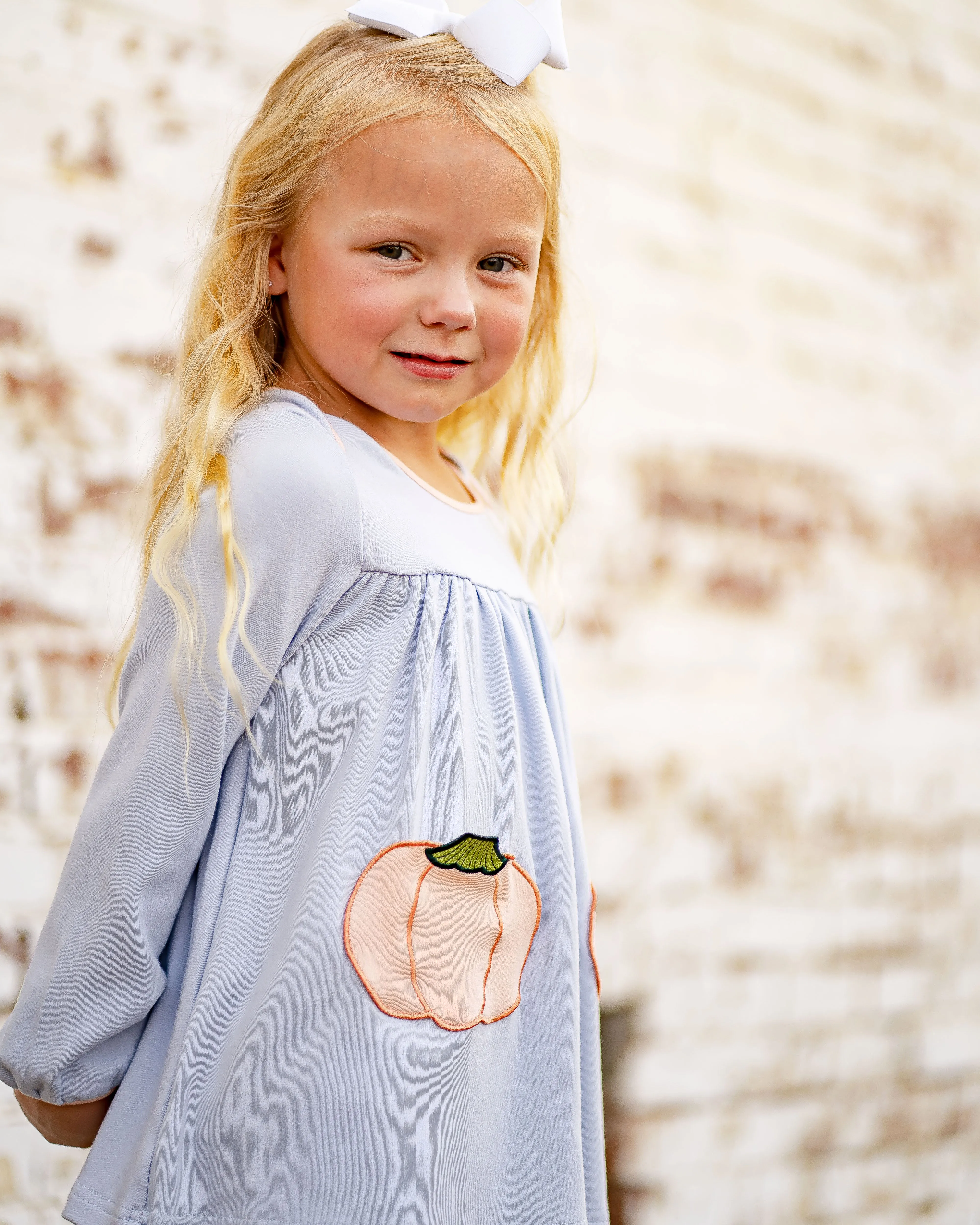 Tabby Tunic with Light Blue Pumpkins