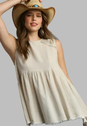 Umgee B8749OA Oatmeal Sleeveless Patched And Frayed Tunic