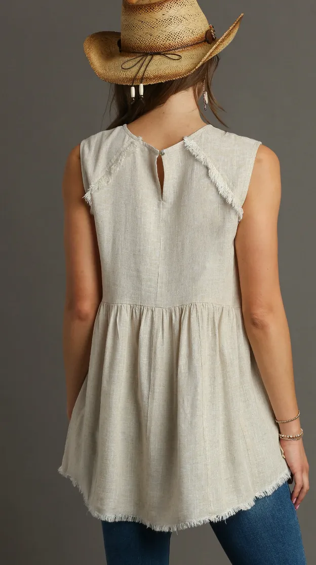 Umgee B8749OA Oatmeal Sleeveless Patched And Frayed Tunic